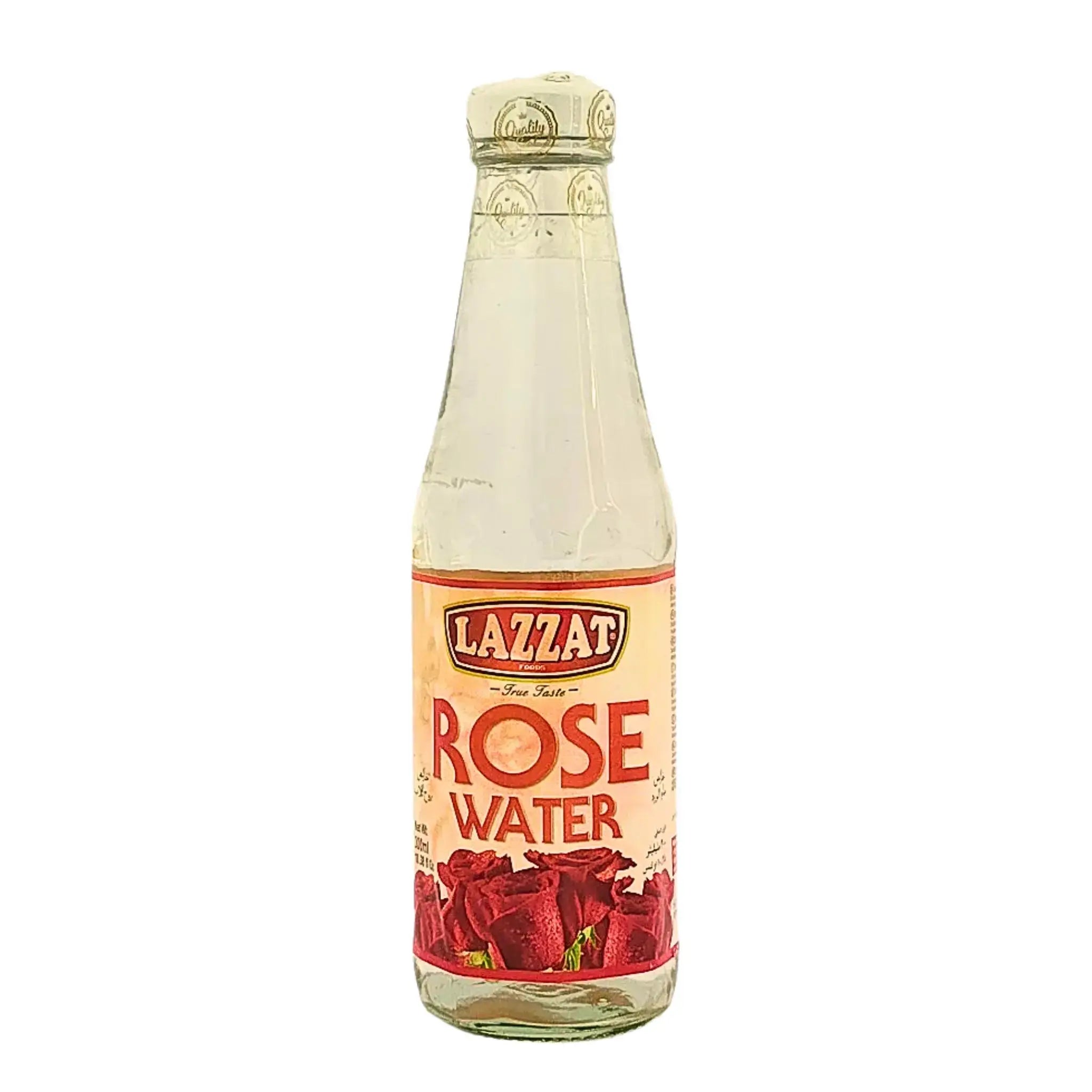 Lazzat-ruusunvettä 300 ml pulkassa selkeällä etiketillä ja punaisilla ruusuilla.