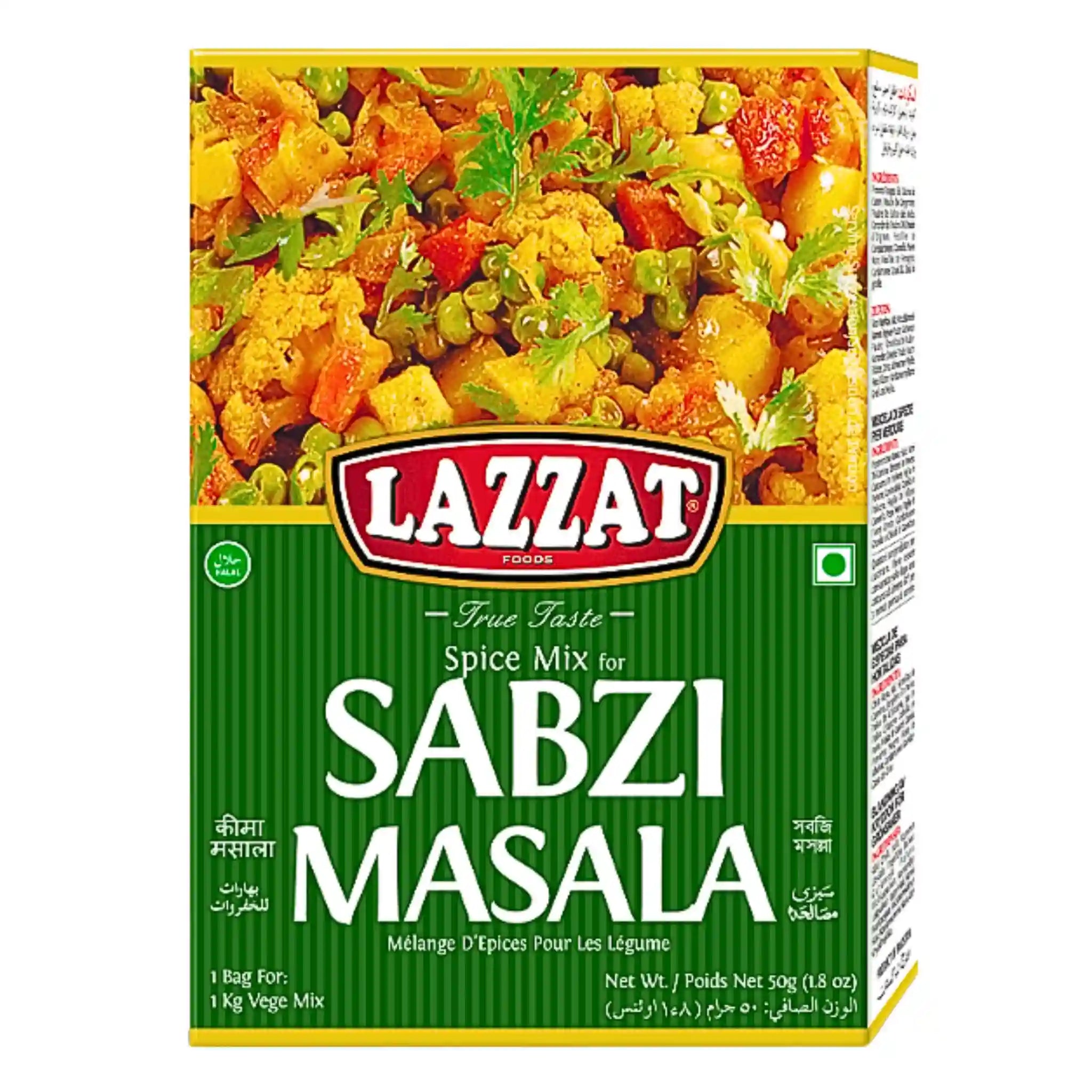 Lazzat Sabzi Masala -mausteseos 100 g kasvisruokien valmistukseen, vihreä tausta pakkauksessa