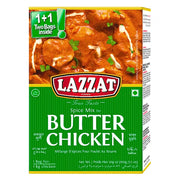 Lazzat voikana masala -mausteseos, 100 g butter chickenin valmistukseen, pakkauksessa ruoan kuva.