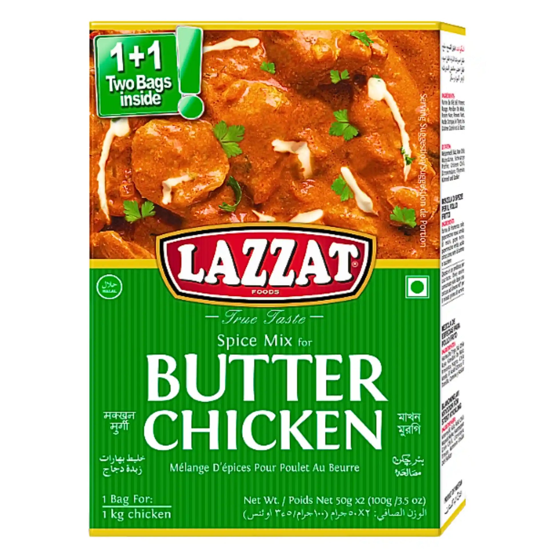Lazzat voikana masala -mausteseos, 100 g butter chickenin valmistukseen, pakkauksessa ruoan kuva.