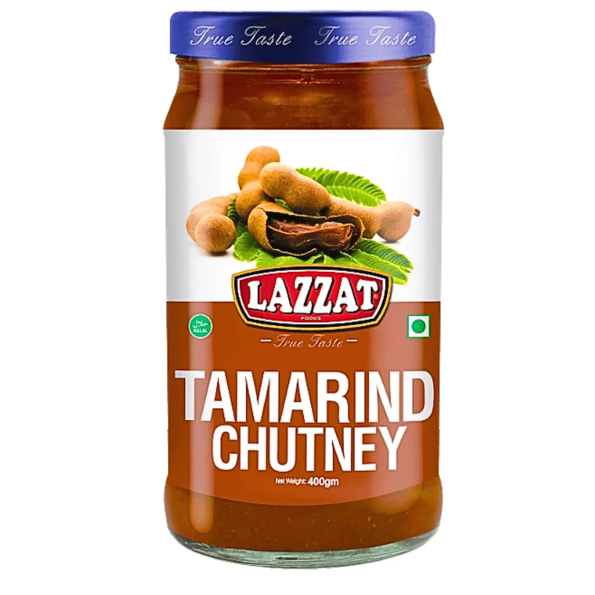 Lasipurkki Lazzat-tamarindichutnea 400 g, etiketillä tamarindihedelmiä.