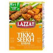 Lazzat Tikka Seekh Kebab -maustesekoitus 100 g grillattua lihaa varten, pakkaus, jossa kebabbikuva.