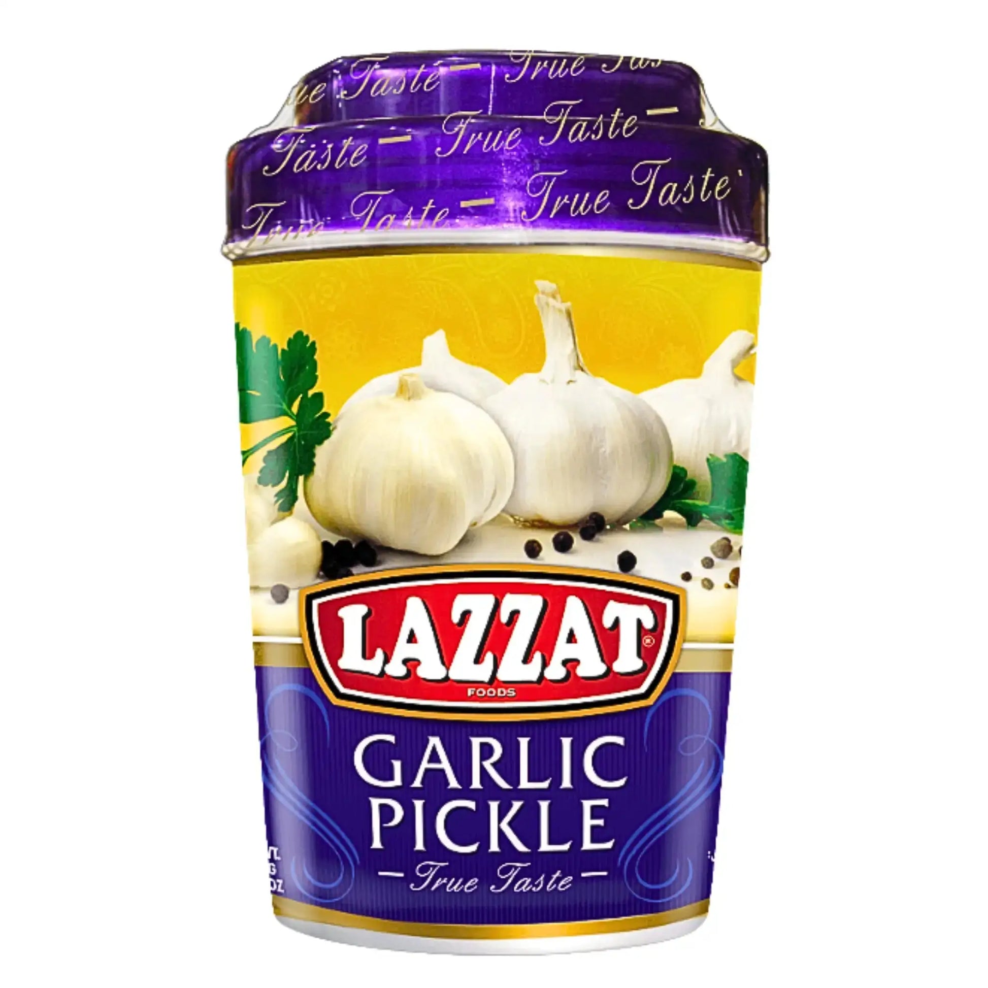 Tölkki Lazzat-valkosipilivalikkoa öljyssä, 1 kg, jossa etiketissä valkosipulia ja yrttejä.