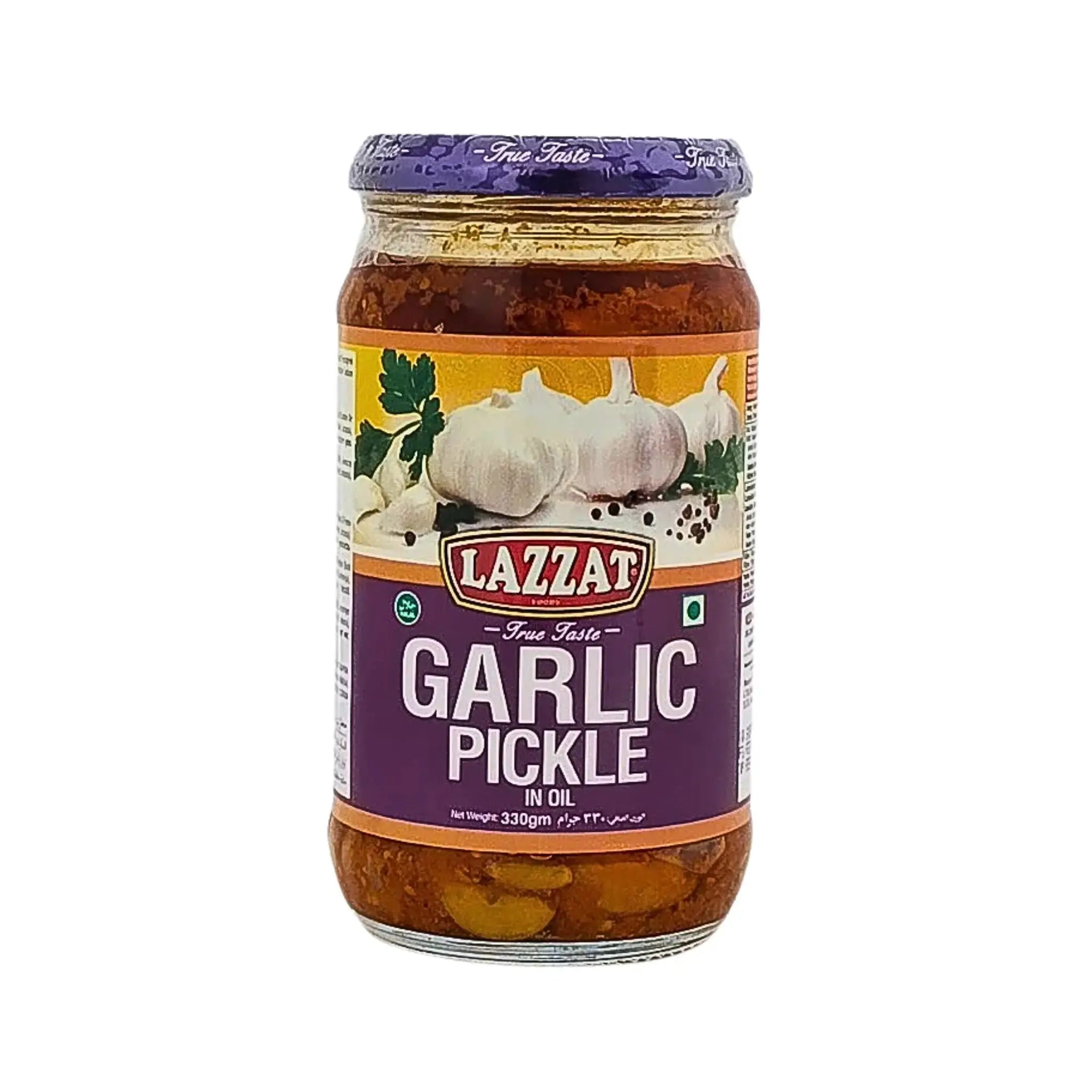 Purkki, jossa on Lazzat valkosipulisilppua öljyssä, 330 g, valkoisen taustan edessä.