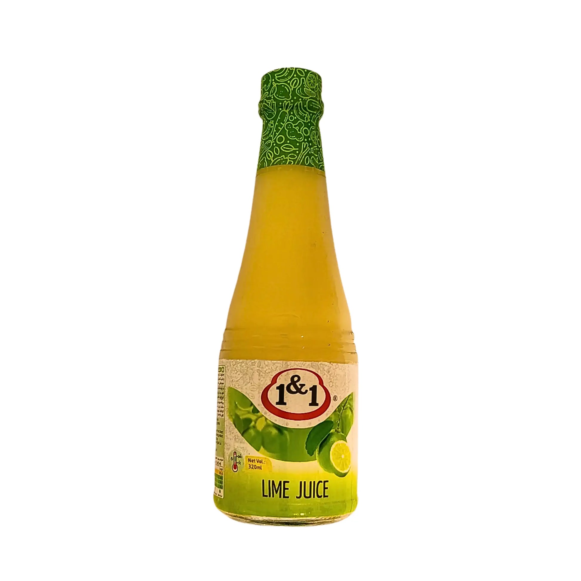 Lime-mehu 1&1 pullossa, vihreä etiketti ja lime-tuoretta valkoisella taustalla.