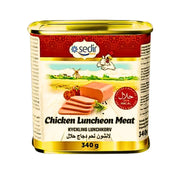 Kananlounaskonservi 340 g, halal-merkitty, kultapintainen purkki, viipaleet esillä, itämaiset elintarvikkeet.