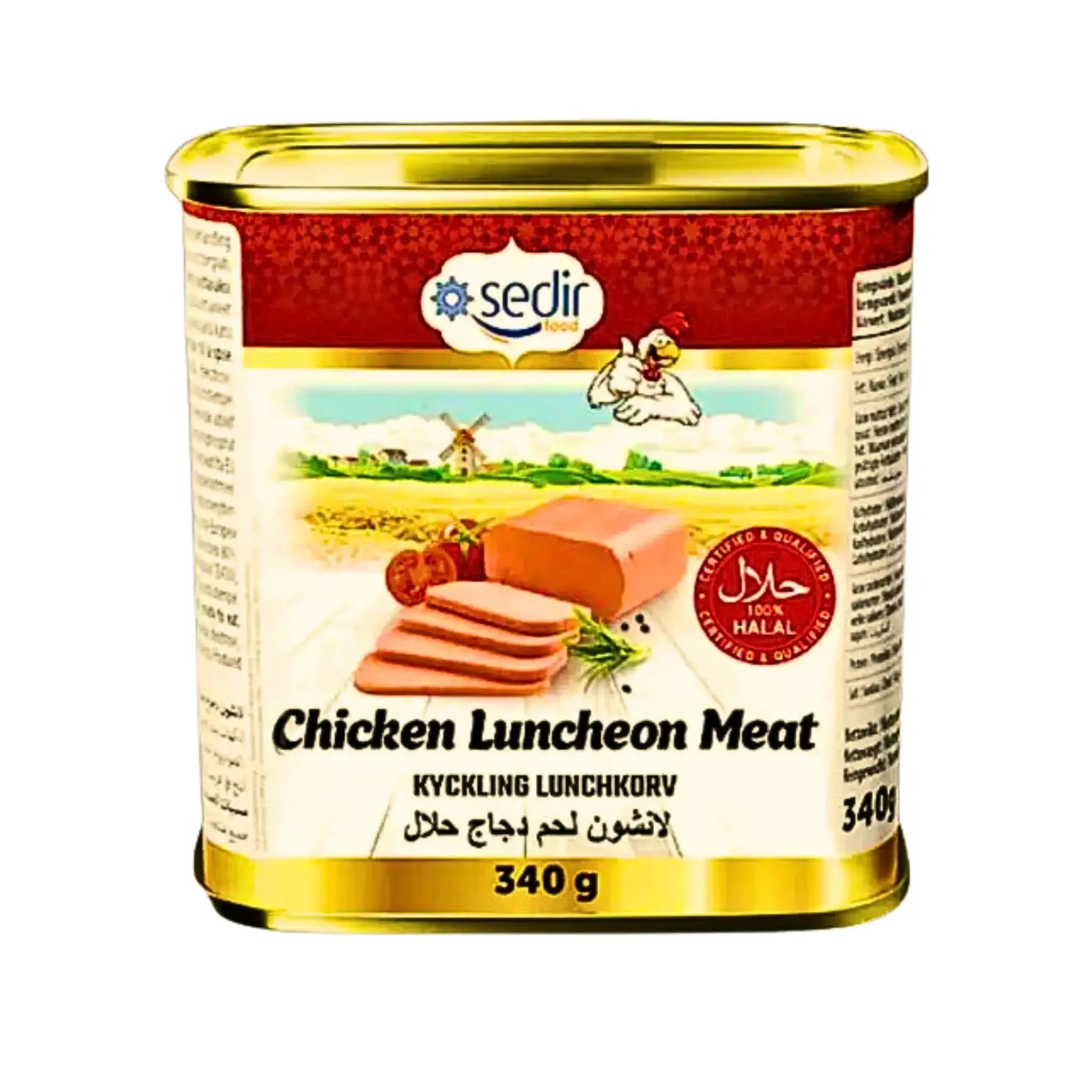 Kananlounaskonservi 340 g, halal-merkitty, kultapintainen purkki, viipaleet esillä, itämaiset elintarvikkeet.