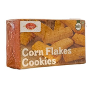 Pakkaus, jossa on Corn Flakes Cookies -leivonnaisia, kultaiset keksejä rapealla pinnalla, itämaalainen leivonta.