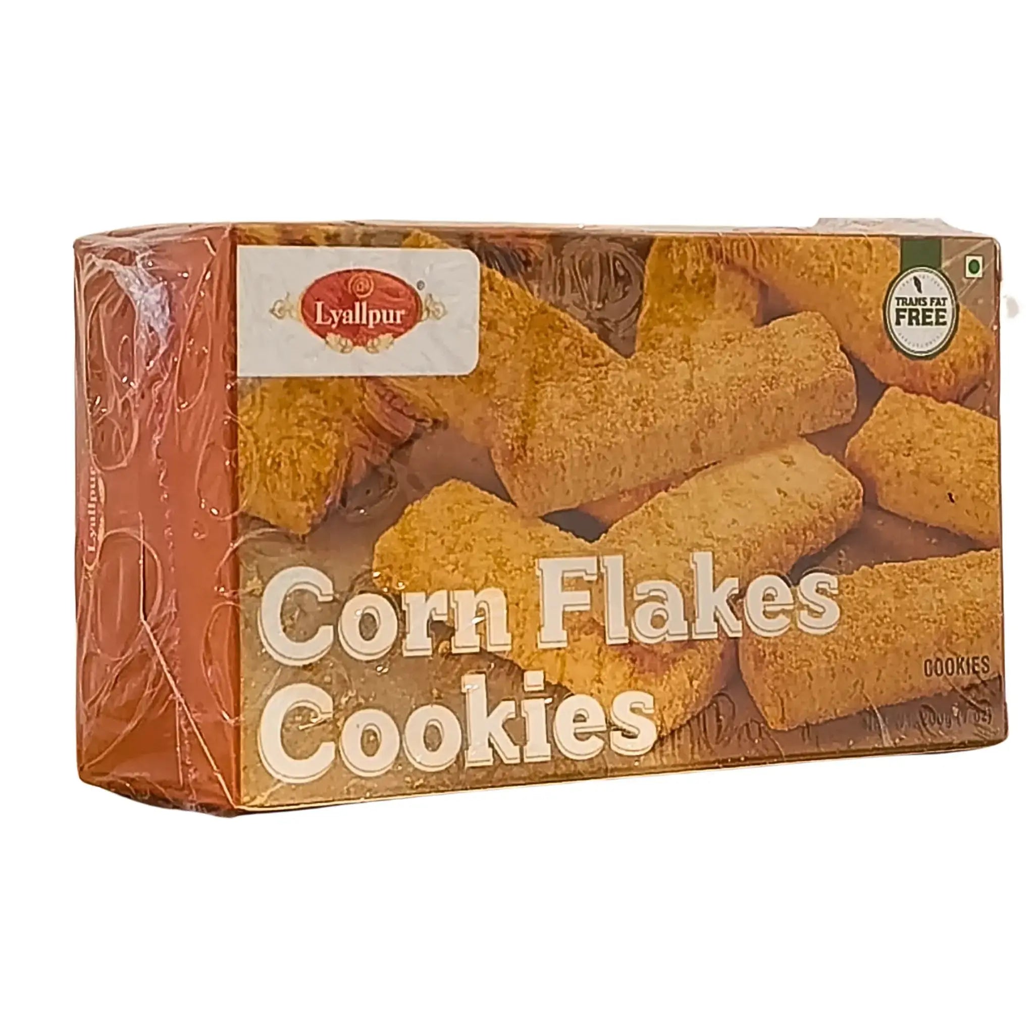 Pakkaus, jossa on Corn Flakes Cookies -leivonnaisia, kultaiset keksejä rapealla pinnalla, itämaalainen leivonta.