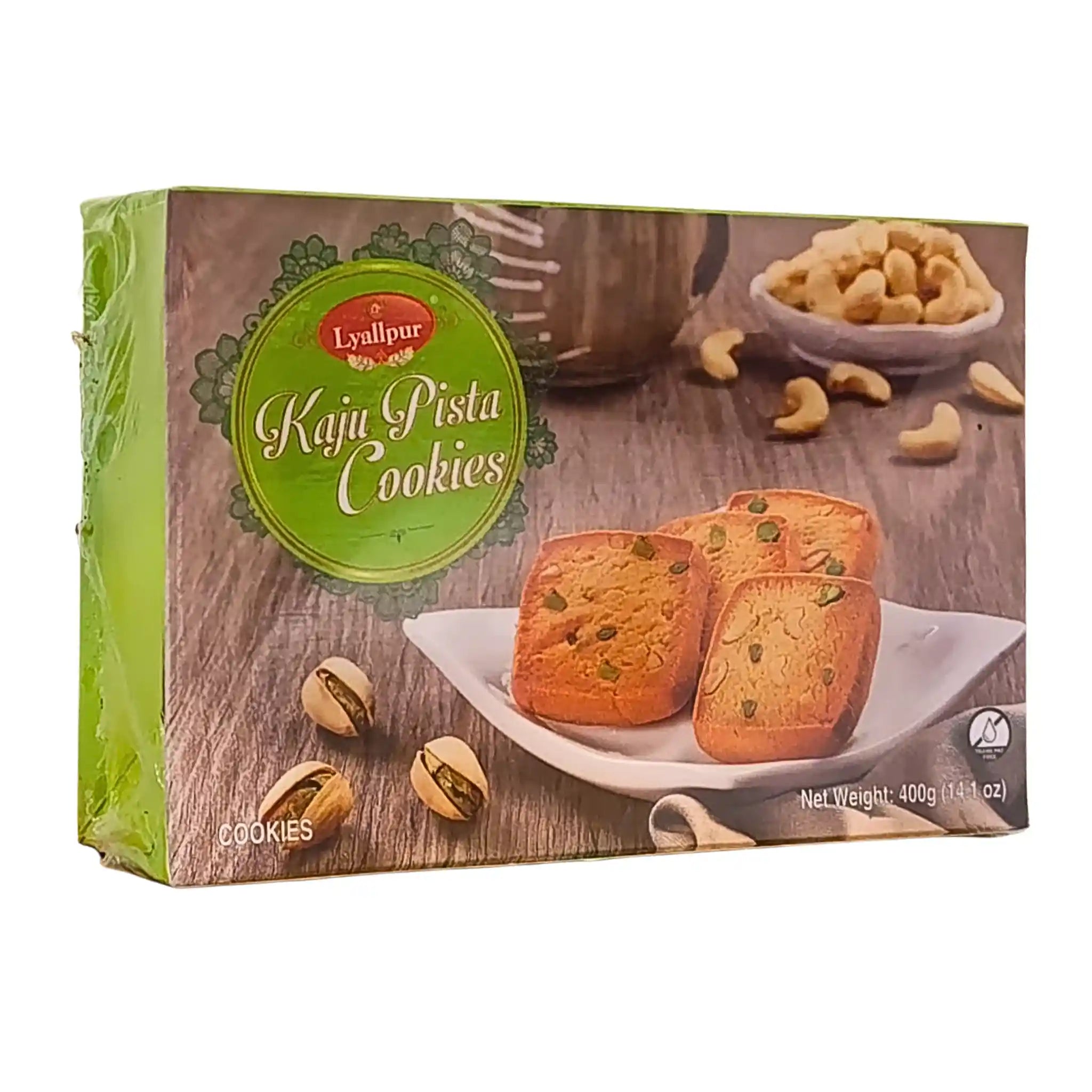 Lyallpur Kaju Pista -pikkukakkuja pistaasi- ja cashewpähkinöillä, 400 g:n pakkaus