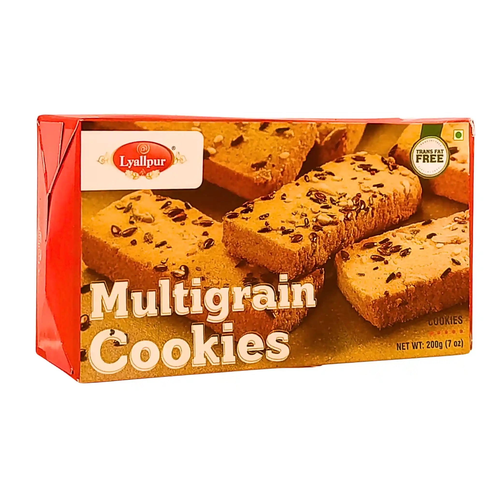 Pakkaus Lyallpurin moniviljakeksejä, näkyvillä siemenillä varustettuja keksejä, 200g, oranssi ja punainen design