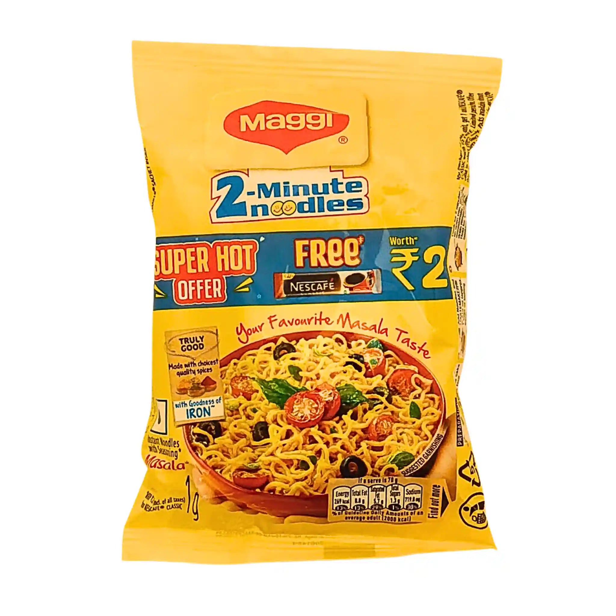 Maggi 2 minuutin nuudelit masala 70 g keltaisessa pakkauksessa, jossa on kuva nuudeleista ja mausteista