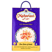 Maharani 1121 Basmati-riisi 5 kg:n pussi valkoista riisiä sinivihreällä suunnittelulla, intialainen riisi.