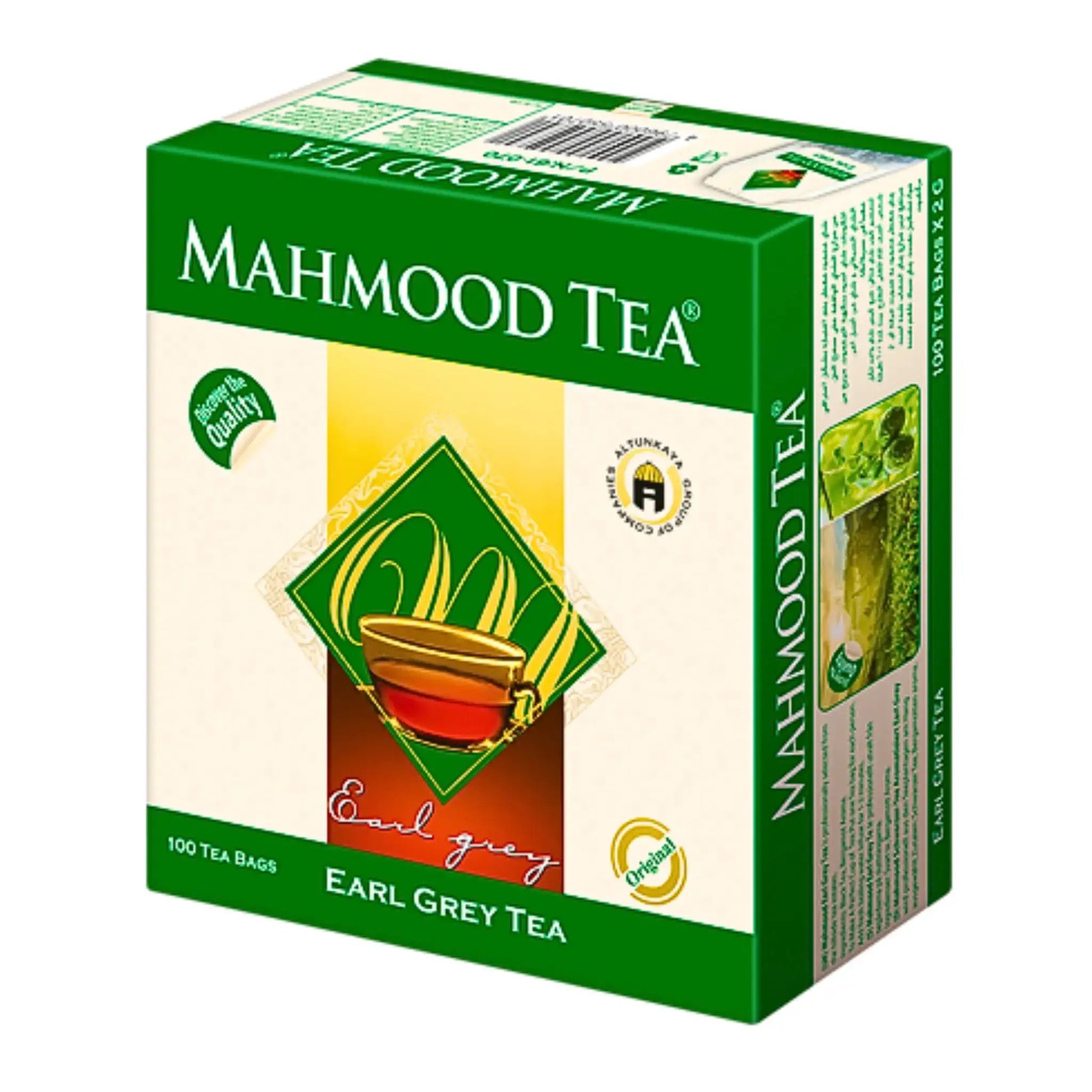 Mahmood Earl Grey -teen pakkaus, 100 teepussia, vihreä ja keltainen suunnittelu.