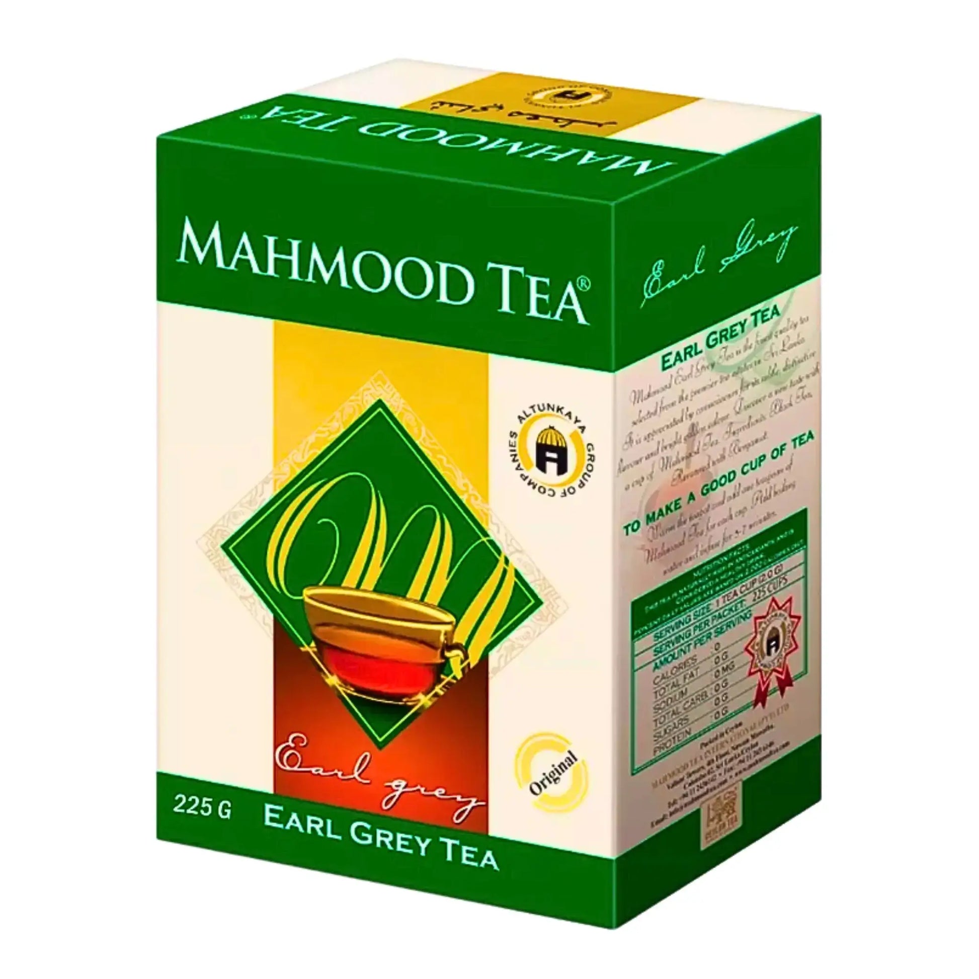 Vihreä ja keltainen Earl Grey -teen pakkaus 225 g, teksti Mahmood Tea näkyvissä etupuolella.