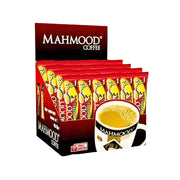 Mahmood 3-in-1 pikakahvi, useita annospusseja pakkauksessa ja kuppi kahvia, itämainen kahvi