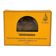 Palestiinalaisia Medjoul-daatteja keltaisessa pakkauksessa, 450 g, itämaisia erikoistuotteita.