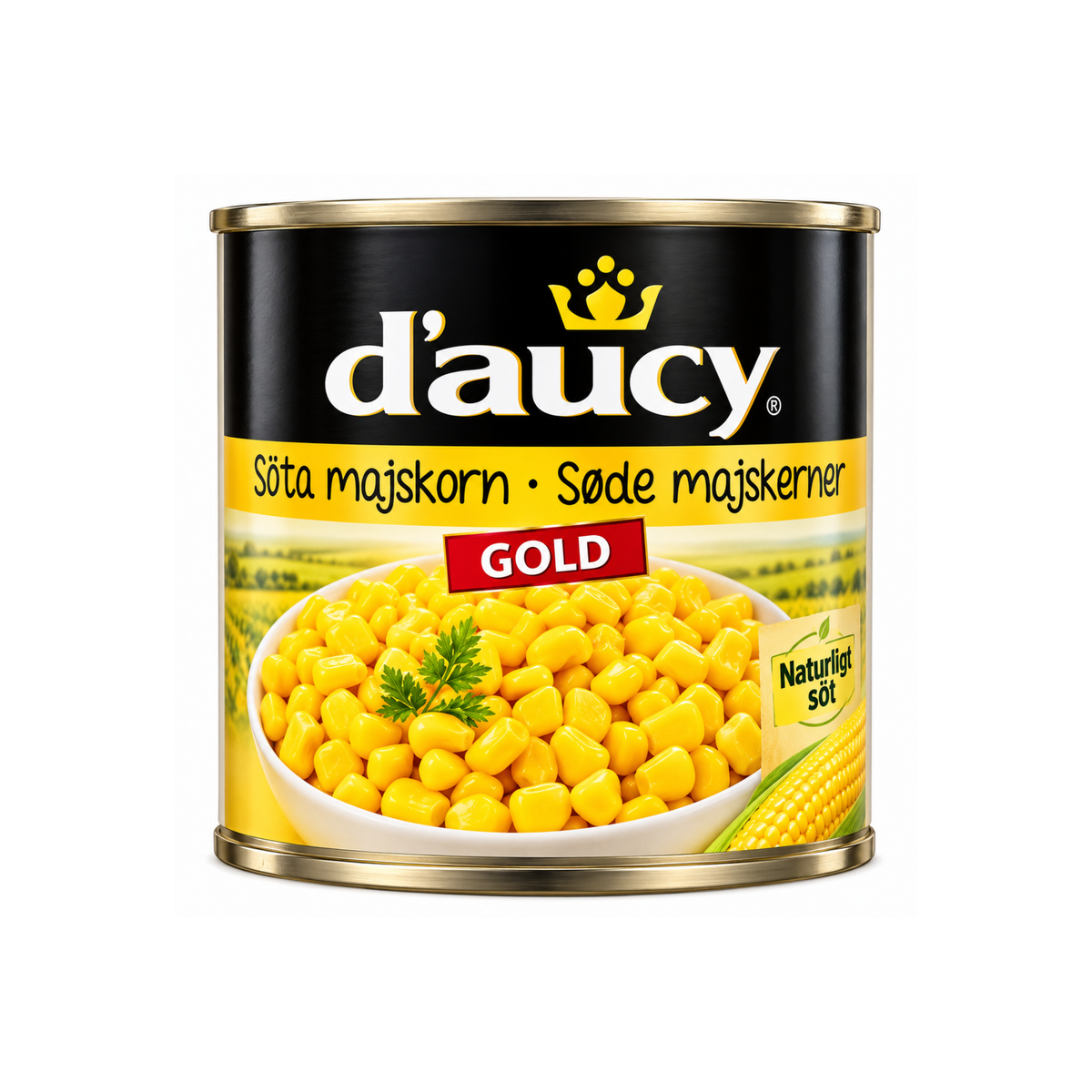 Majskorn i burk, d'aucy Gold med gula majskorn och kronlogga.
