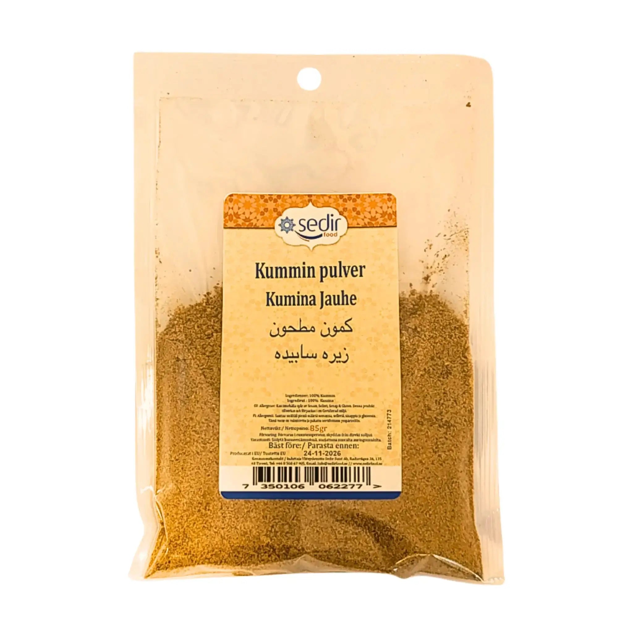 Pussi jauhettua kuminaa, 85 g, selkeä ruotsinkielinen ja muita kieliä sisältävä etiketti.