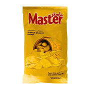 Keltainen chipsipussi, jossa lukee French Cheese Flavor, kuvassa perunachipsejä ja juustokuutioita etupuolella.