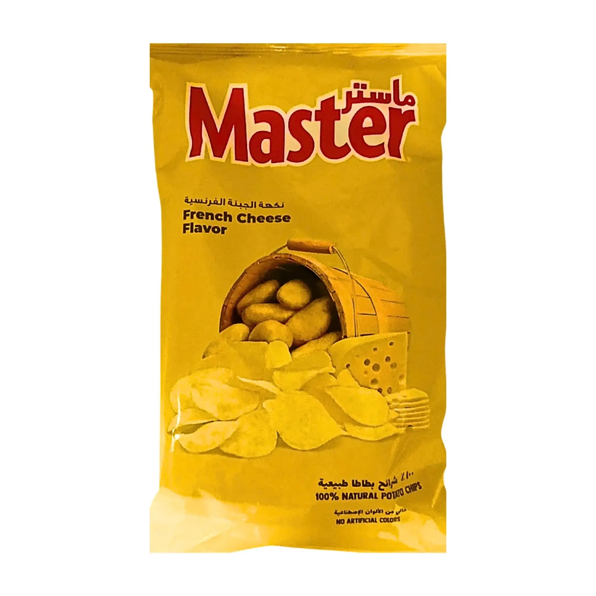 Keltainen chipsipussi, jossa lukee French Cheese Flavor, kuvassa perunachipsejä ja juustokuutioita etupuolella.