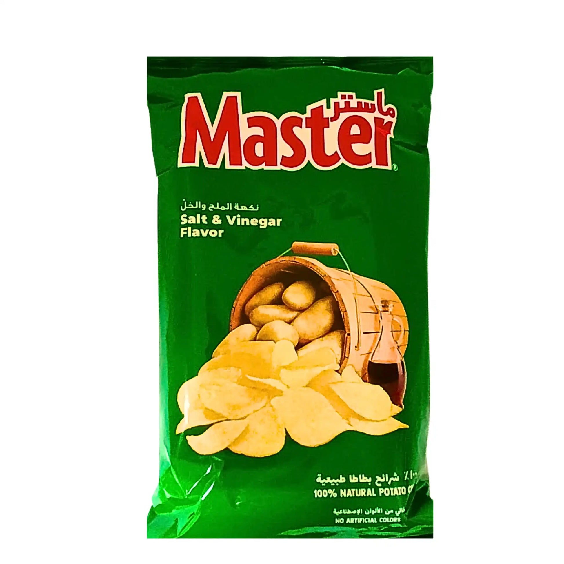 Vihreä chipsipussi suola- ja etikka-perunachipsejä, kuvassa perunoita ja etikkapulloa etupuolella.