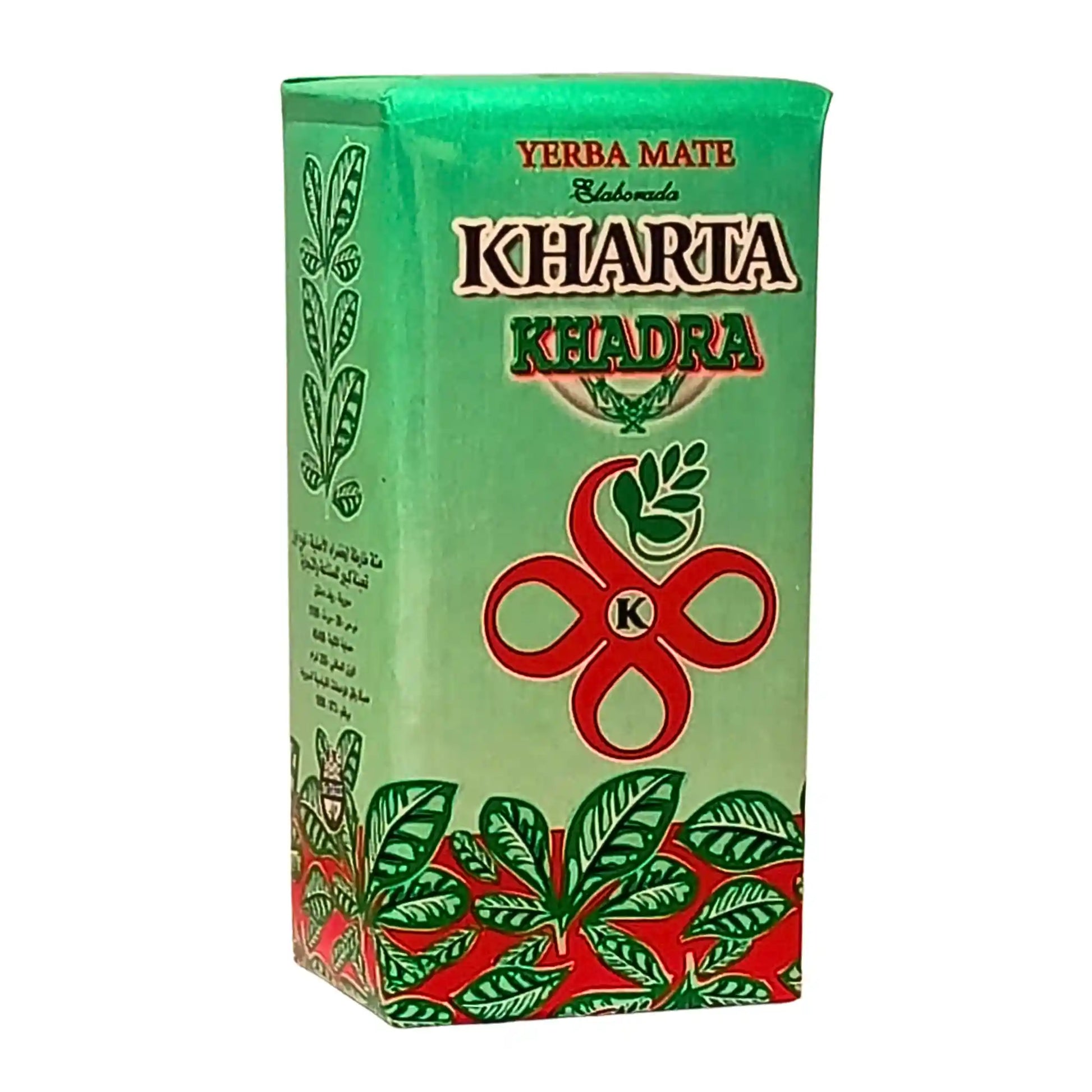 Vihreä pahvipakkaus Yerba Mate Kharta Khadra 250 g, jossa on lehtiä ja punainen koristelu, teepussi