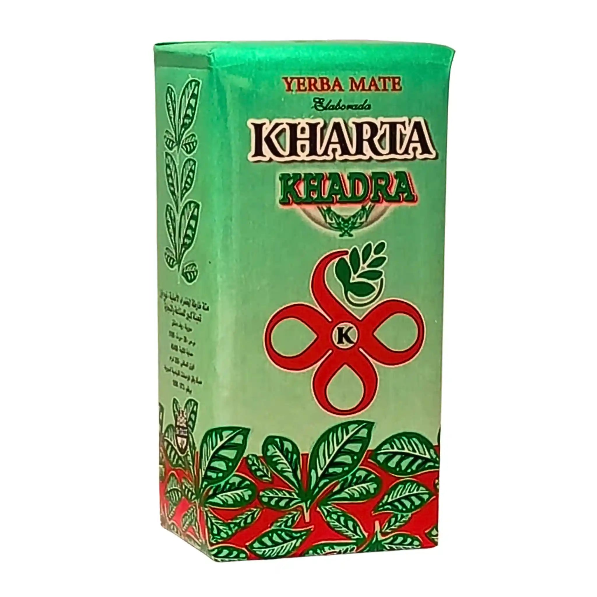 Vihreä pahvipakkaus Yerba Mate Kharta Khadra 250 g, jossa on lehtiä ja punainen koristelu, teepussi