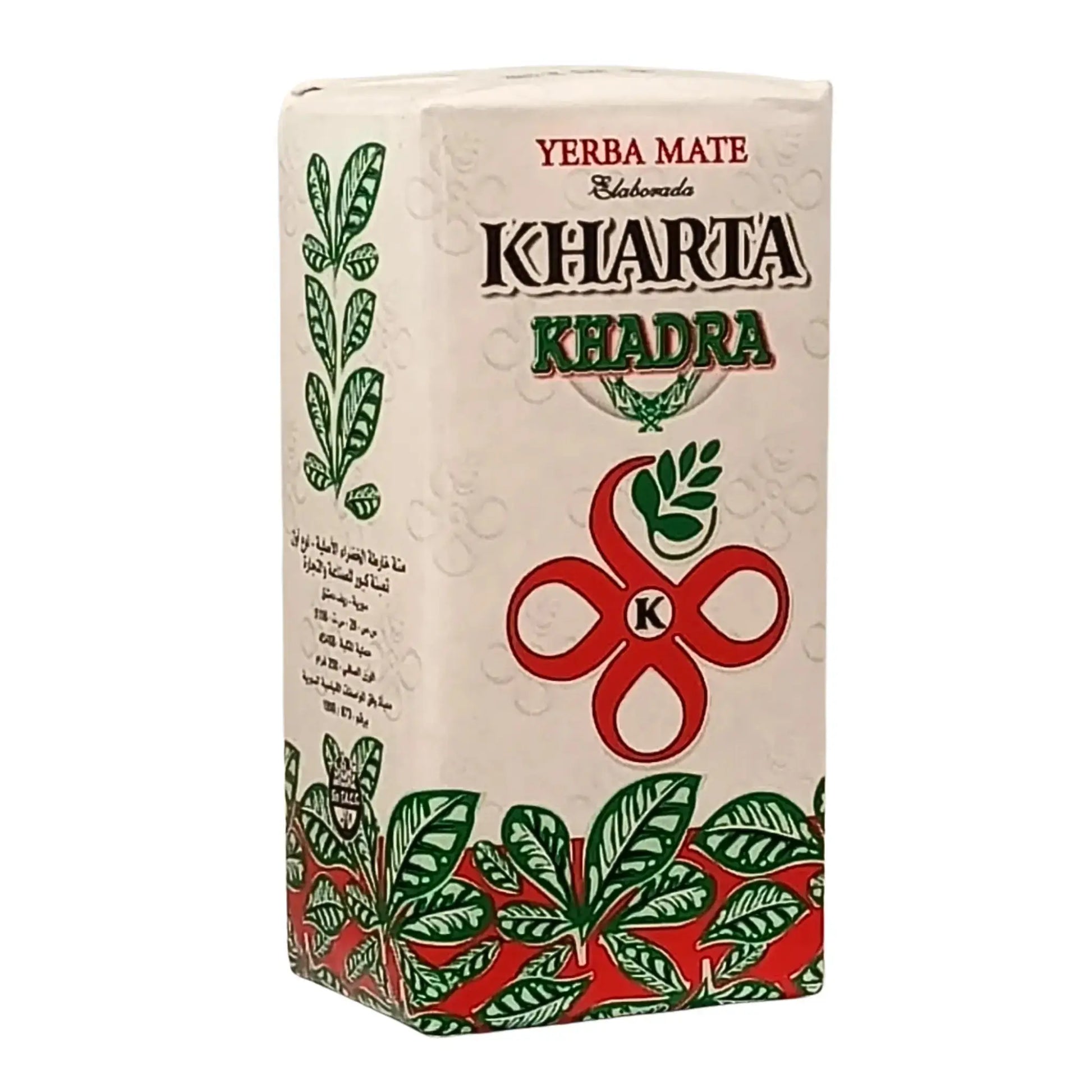 Pakkaus Kharta Khadra-yerba mate -teetä 250 g vihreillä lehdillä ja punaisella koristelulla.