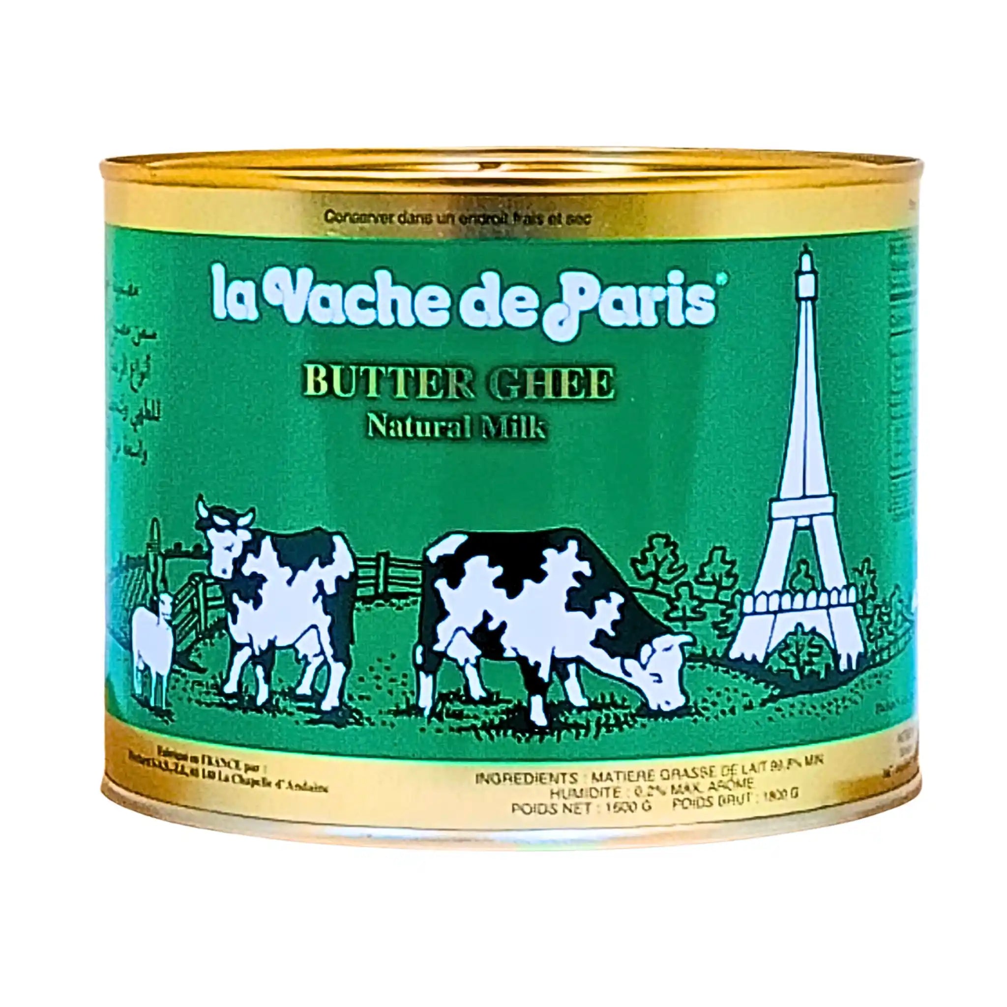 La Vache de Paris -voita 1600 g purkissa, jossa on kuvattu lehmiä ja Eiffel-tornia vihreällä etiketillä