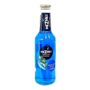 MezMez Tropical Blue sininen lasipullo, hiilihapotettu trooppinen limu, 275 ml valkoista taustaa vasten.