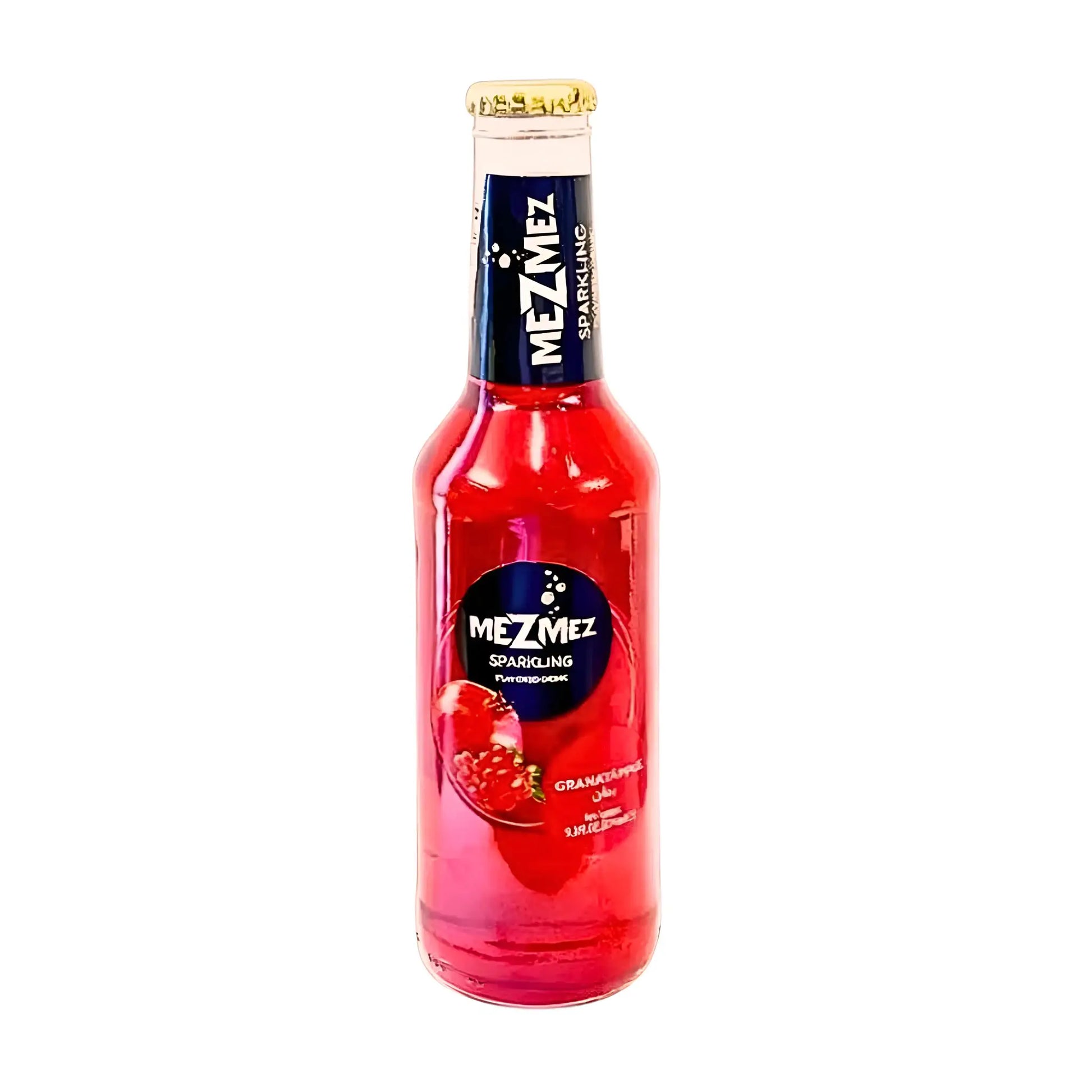 MezMez-hohduntava granaattiomenalimu pullossa, punainen juoma ja granaattiomenakuva etiketissä.