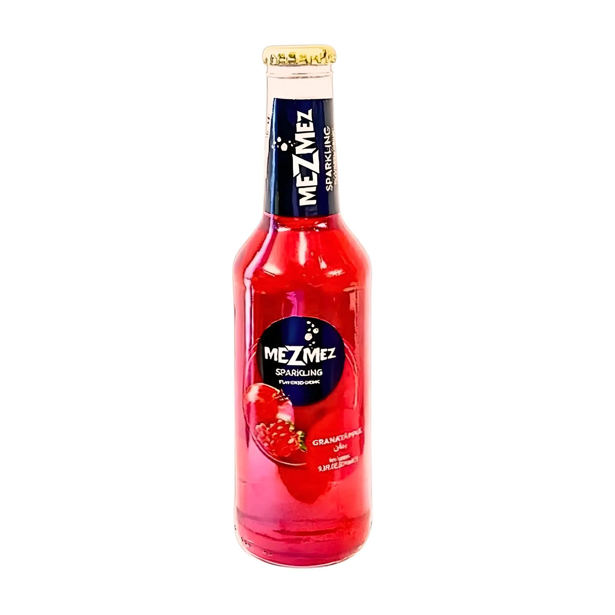 MezMez-hohduntava granaattiomenalimu pullossa, punainen juoma ja granaattiomenakuva etiketissä.