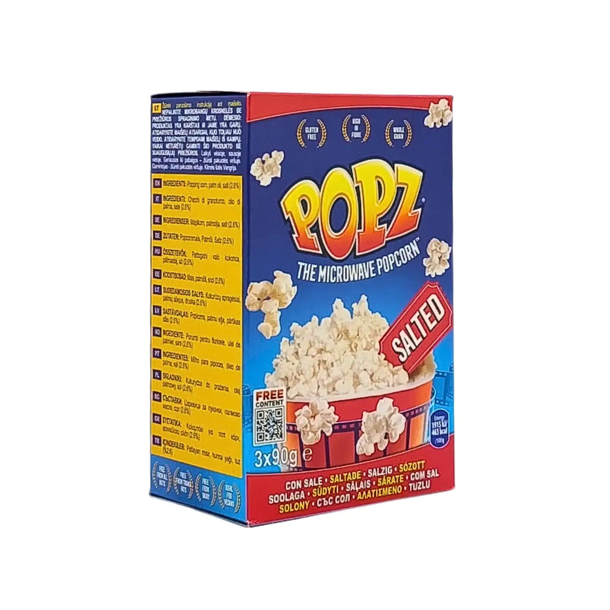 Popz suolattu mikropopcorn 3x90g pakkaus valmiin popcornin kanssa sinisellä taustalla