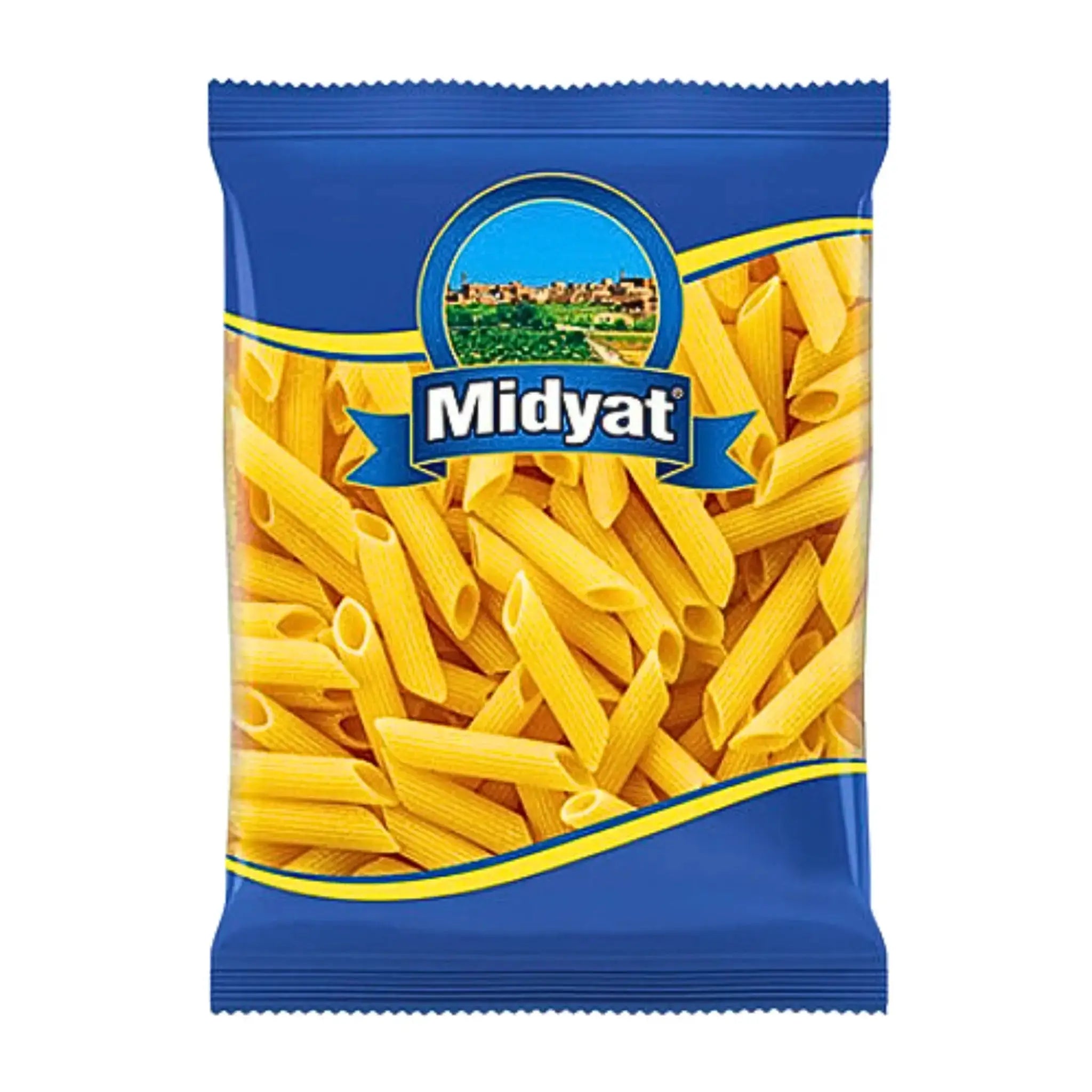 Midyat-penne-makaronit 400 g sinisessä pakkauksessa, kuivat makaronit näkyvissä muovia läpi