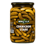 Minella cornichon stark: glasburk med krispiga inlagda gurkor, etikett framtill