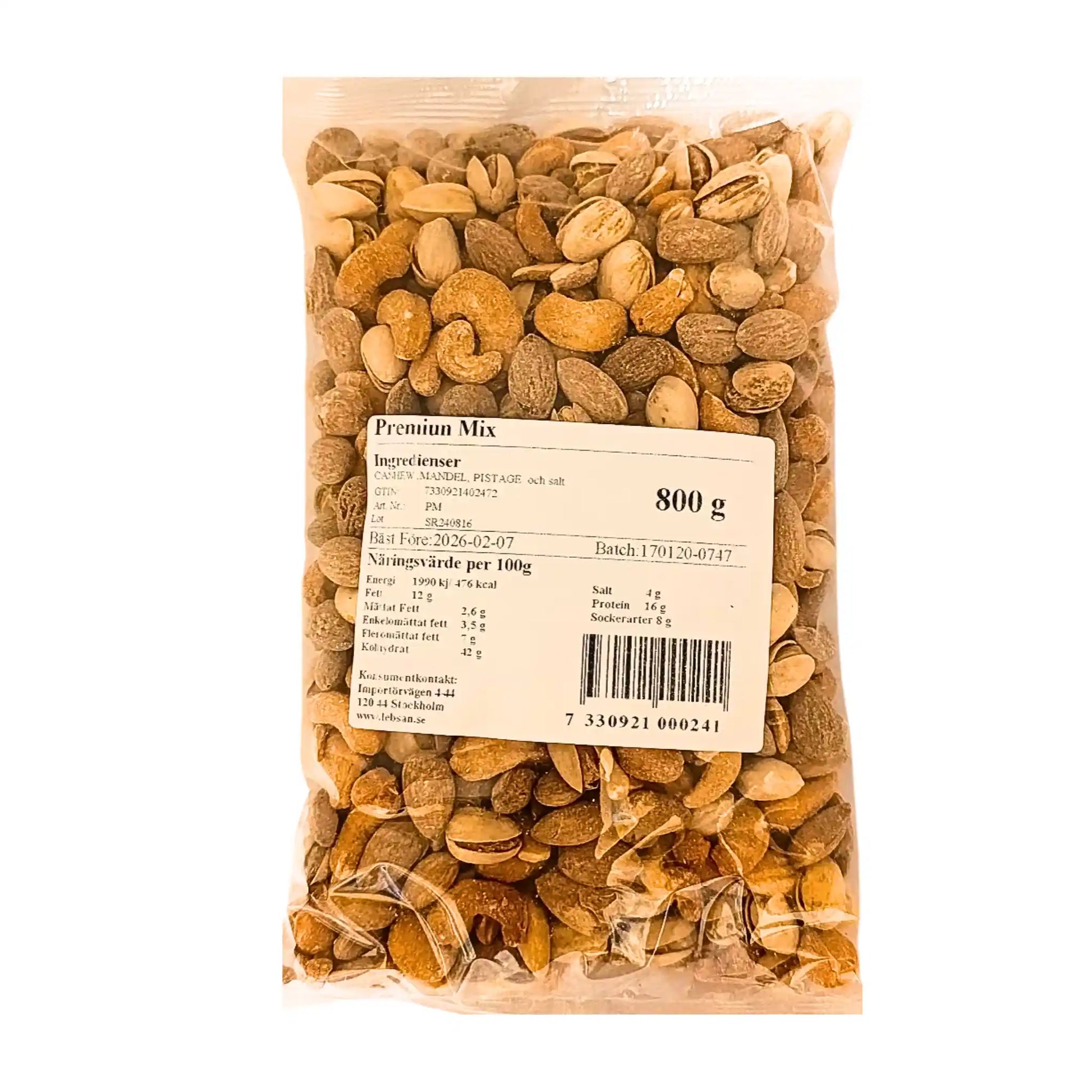 Pakkaus premium-sekoituspähkinöitä 800 g, cashewpähkinä, manteli, pistaasi, läpinäkyvä pakkaus