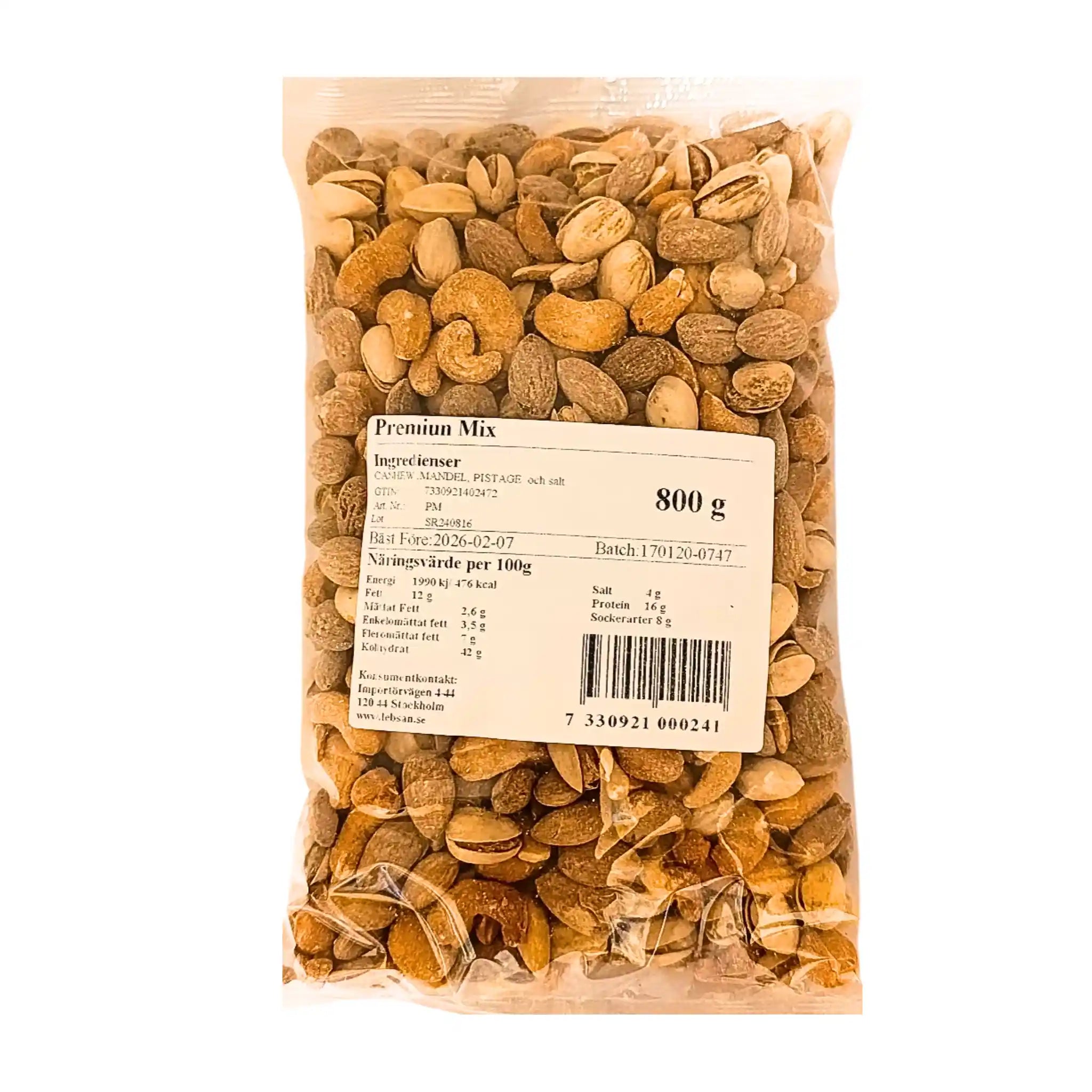 Pakkaus premium-sekoituspähkinöitä 800 g, cashewpähkinä, manteli, pistaasi, läpinäkyvä pakkaus