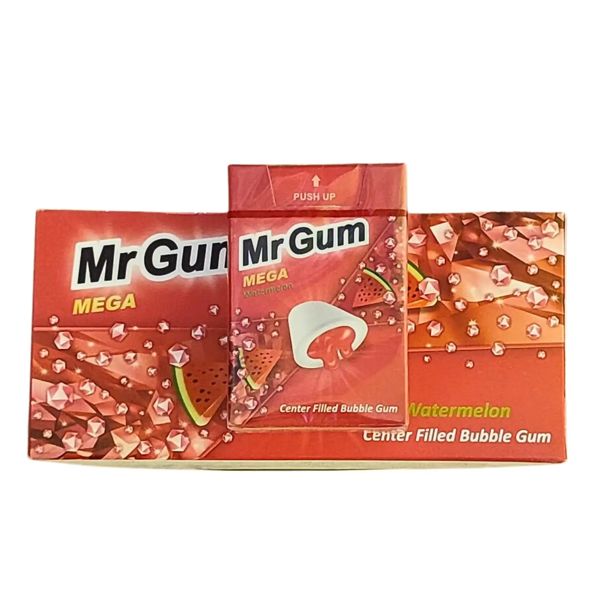 Mr Gum Mega purukumi vesimelonimaisteen, pakkauksessa punaisia ja vihreitä yksityiskohtia