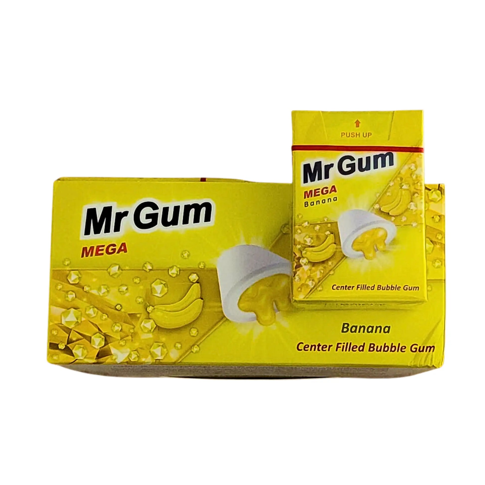 Mr Gum MEGA banaanipurettava täytteellä, keltainen pakkaus banaanimotiivilla
