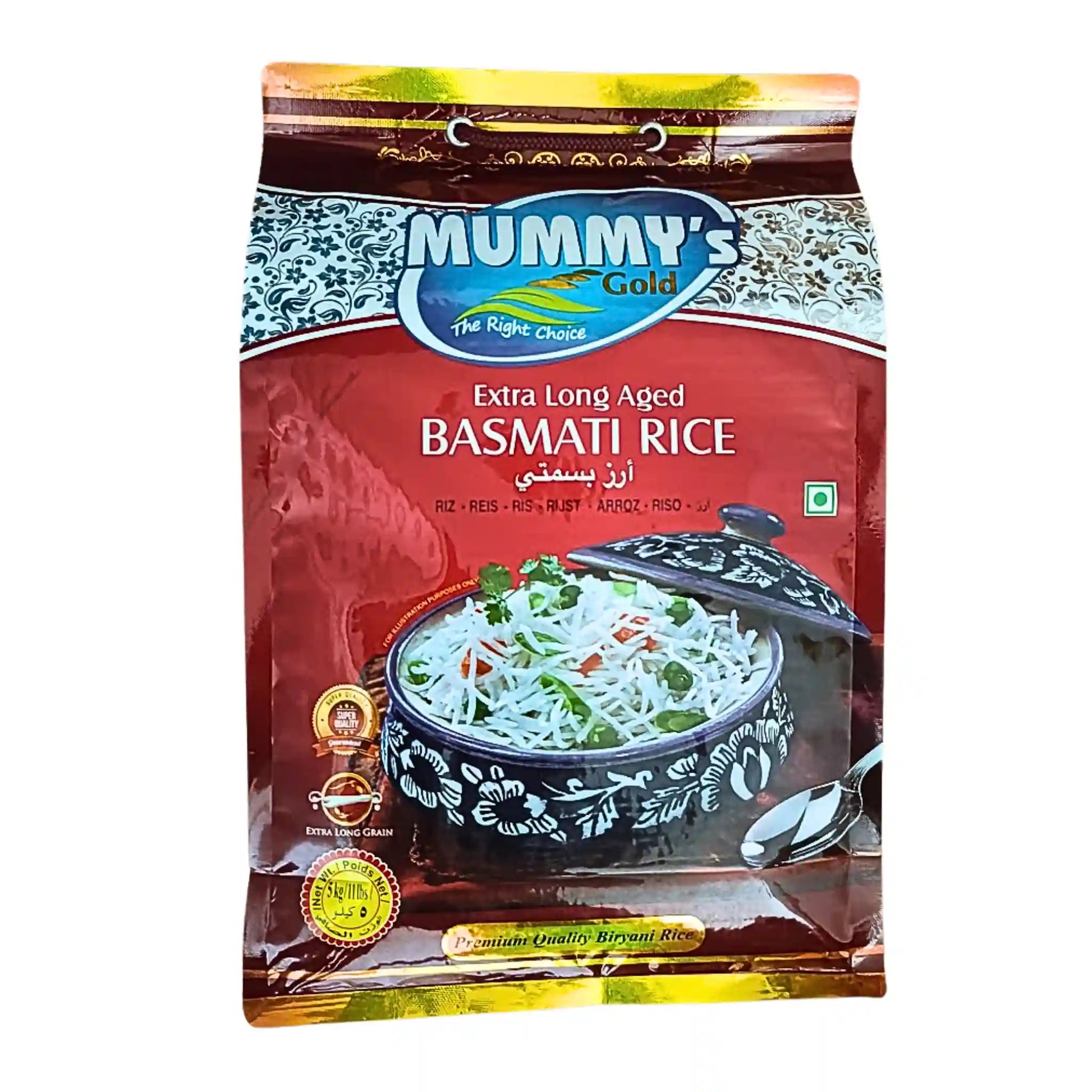 5 kg:n pakkaus erittäin pitkäjyvää basmati-riisiä, koristeltu kattila, jossa keitettyä riisiä etupinnassa.
