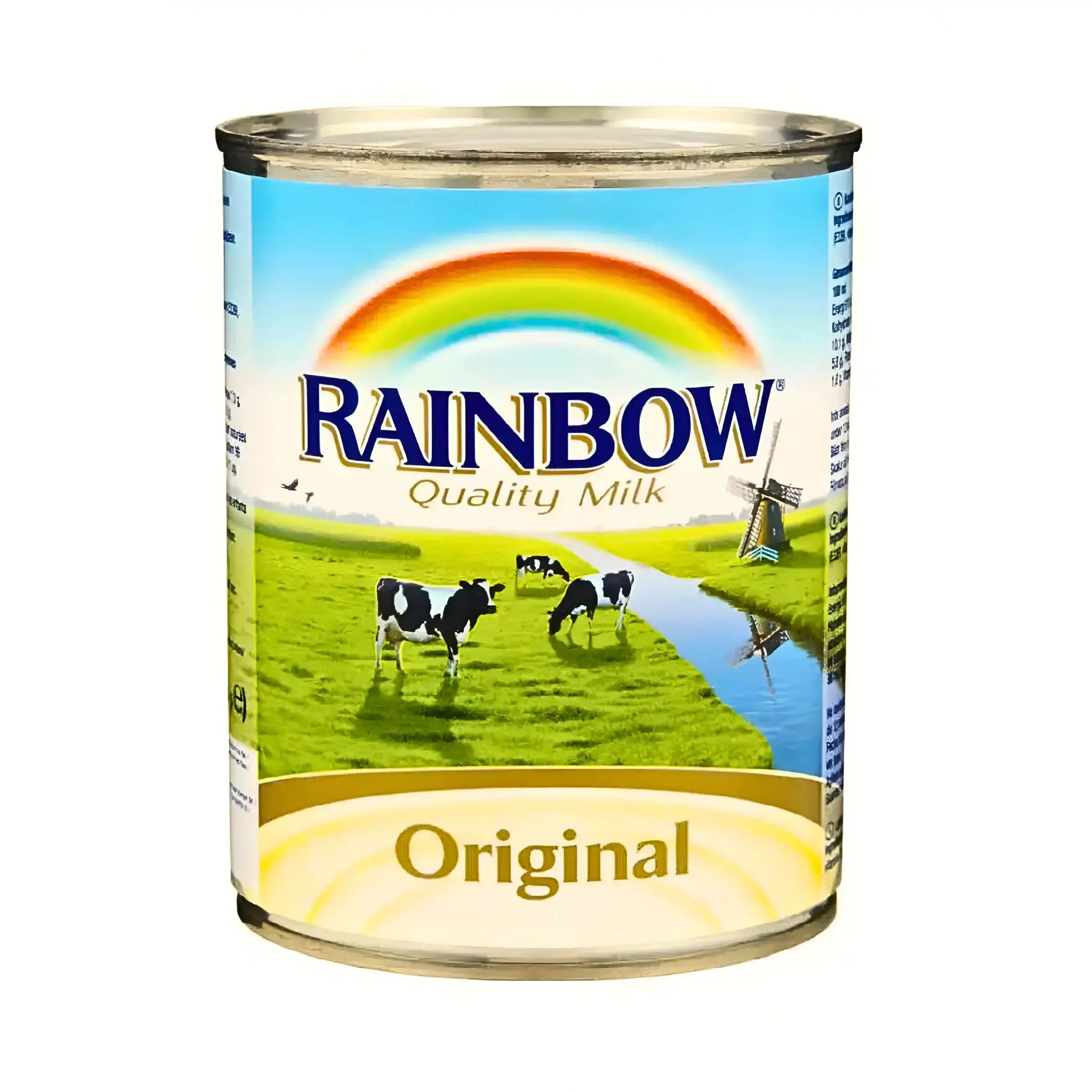 Purkki Rainbow-maitokonsentraattia alkuperäistä, lehmiä vihreällä niityllä ja sateenkaari etiketissä.