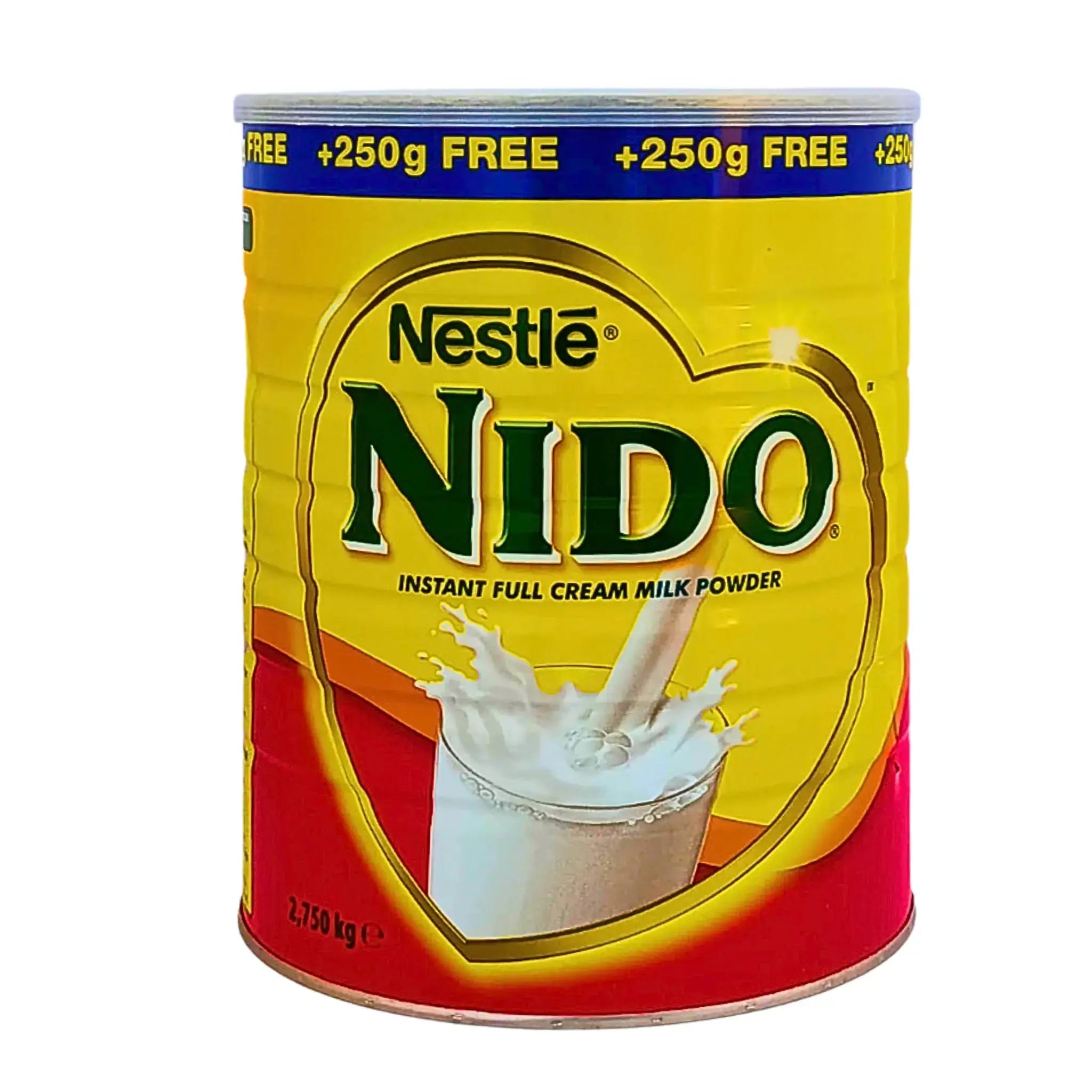 Nido-maitojauhepurkki 2,5 kg, keltainen ja punainen pakkaus, etupuolella maitolasin kuva
