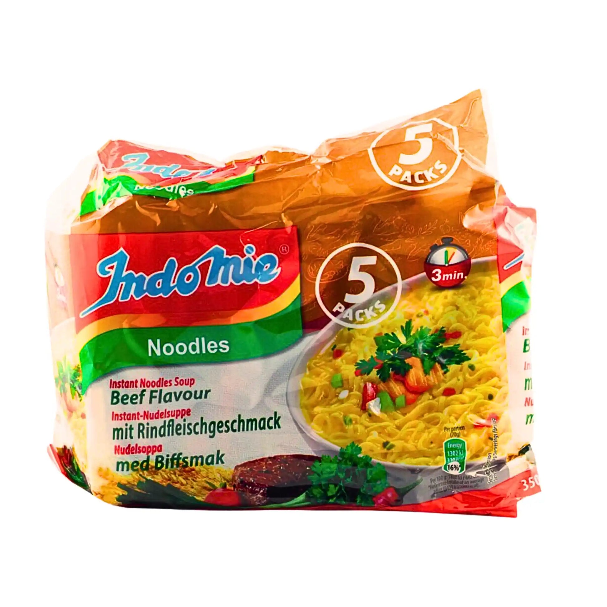 Indomie pikamuikit naudanlihantuoksulla, 5 kpl, paketti valkoisella taustalla