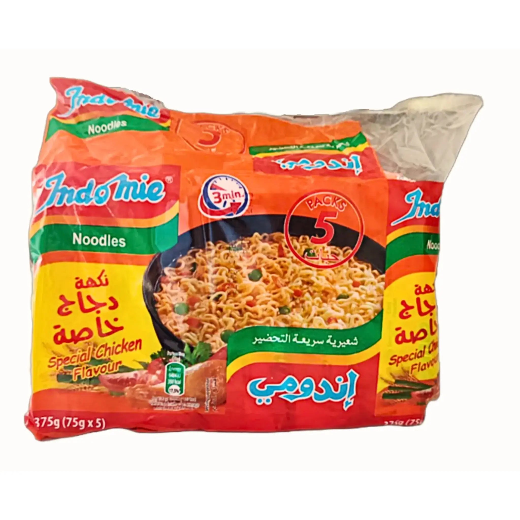 Indomie-nuudelit erikoiskana, 5 kpl:n paketti nopeita nuudeleita värikkäässä pakkauksessa