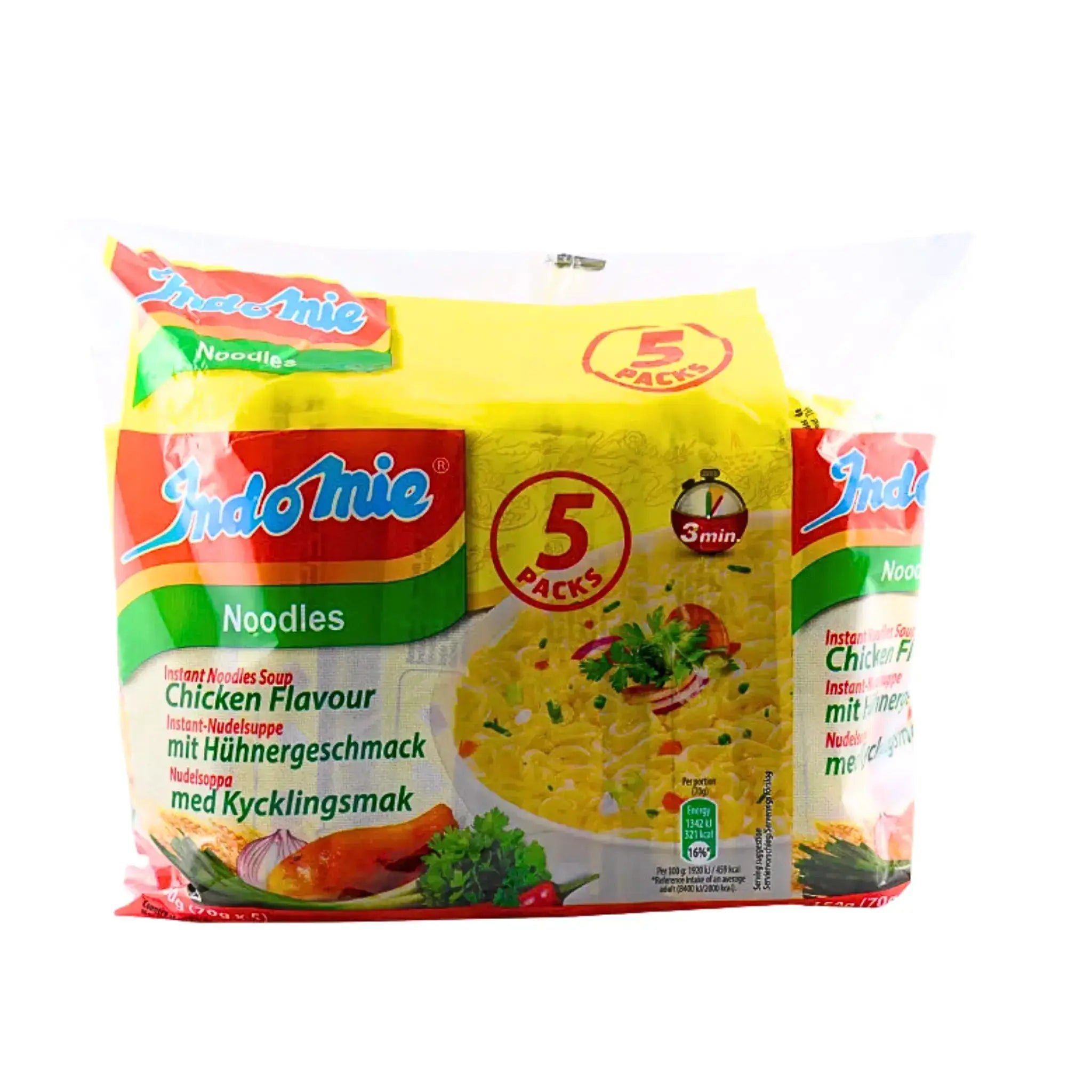 Indomie-nuudelit kana-makuinen, 5 kpl:n paketti, värikkäällä pakkauksella varustetut pikaruokanuudelit.