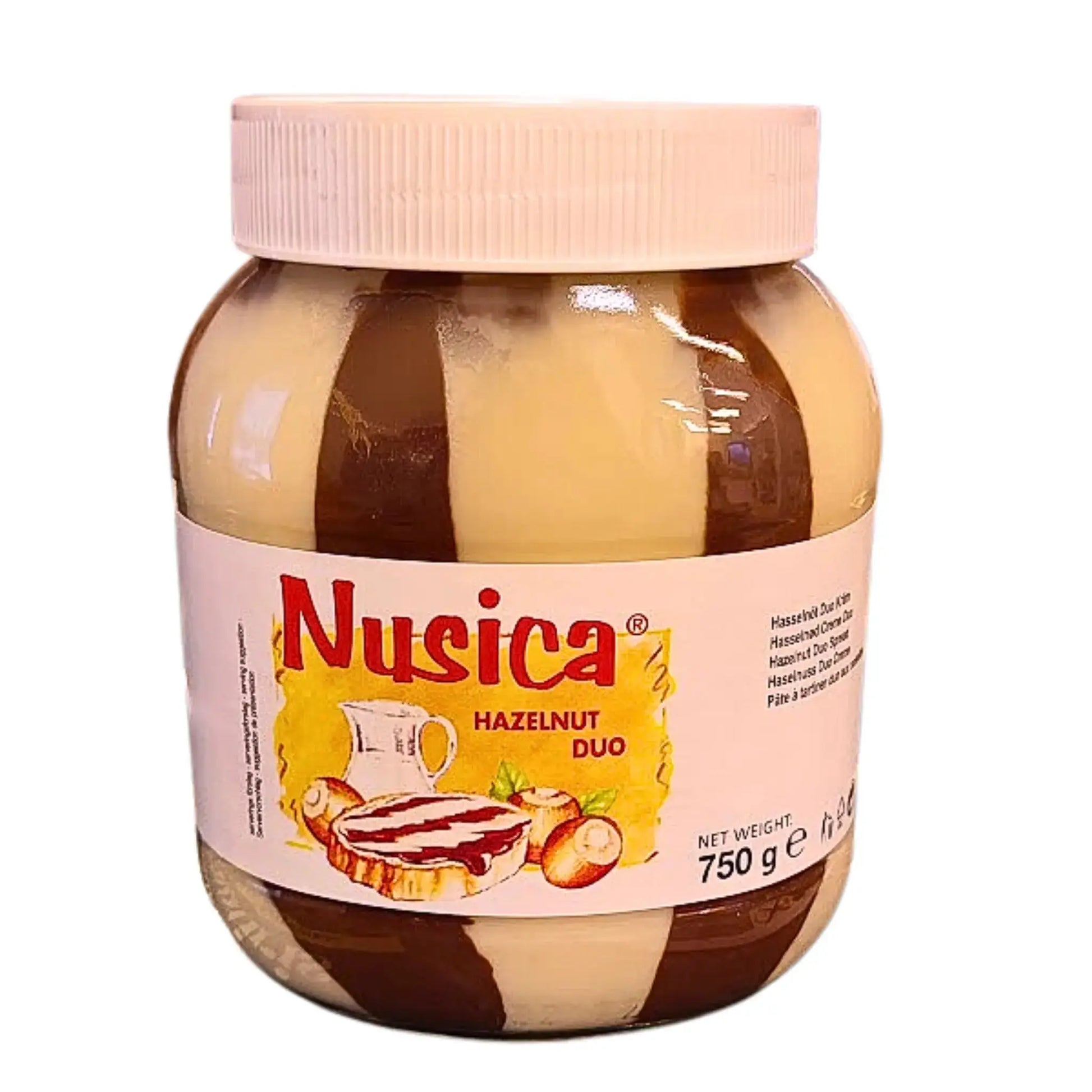 Suuri purkki raidallista hasselpähkinäkermaa duo, 750 g, etiketillä 'Nusica Hazelnut Duo'.