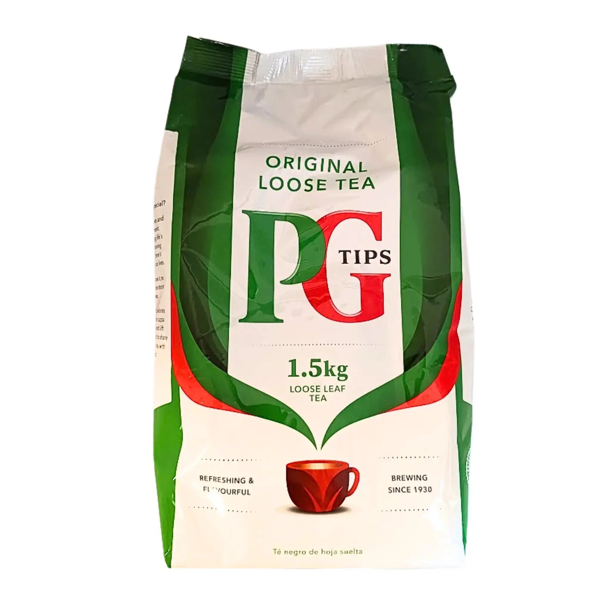 PG Tips -ripotepakkaus 1,5 kg, vihreä ja valkoinen pakkaus kuppi-aiheella.