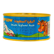 Purkki Happy Cow -juustoa, sininen etiketti, kuvitus lehmästä ja vuorista, itämaista ruokaa