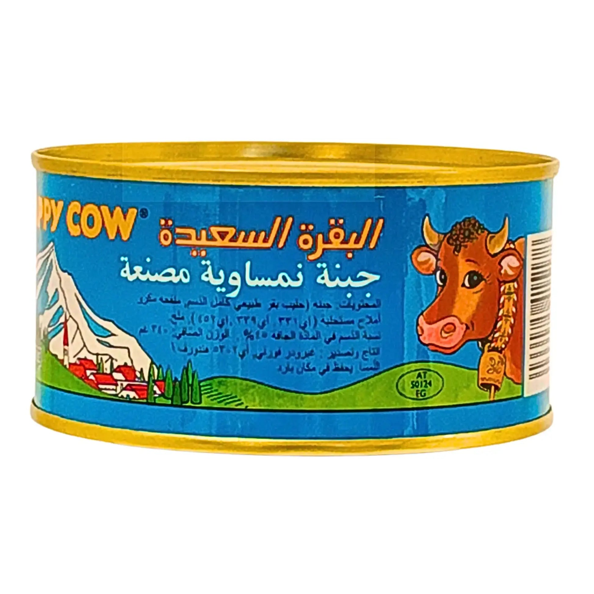 Purkki Happy Cow -juustoa, sininen etiketti, kuvitus lehmästä ja vuorista, itämaista ruokaa